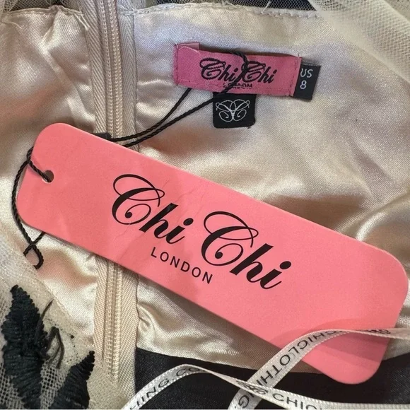 Black & Nude Dress Frilled Cocktail Party ModCloth Whimsigoth Chi Chi London 8 - Picture 14 of 16